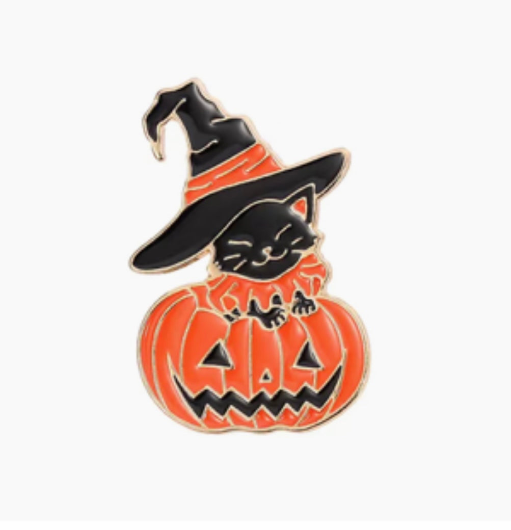 Jack-O-Lantern with Black Cat in Witch Hat