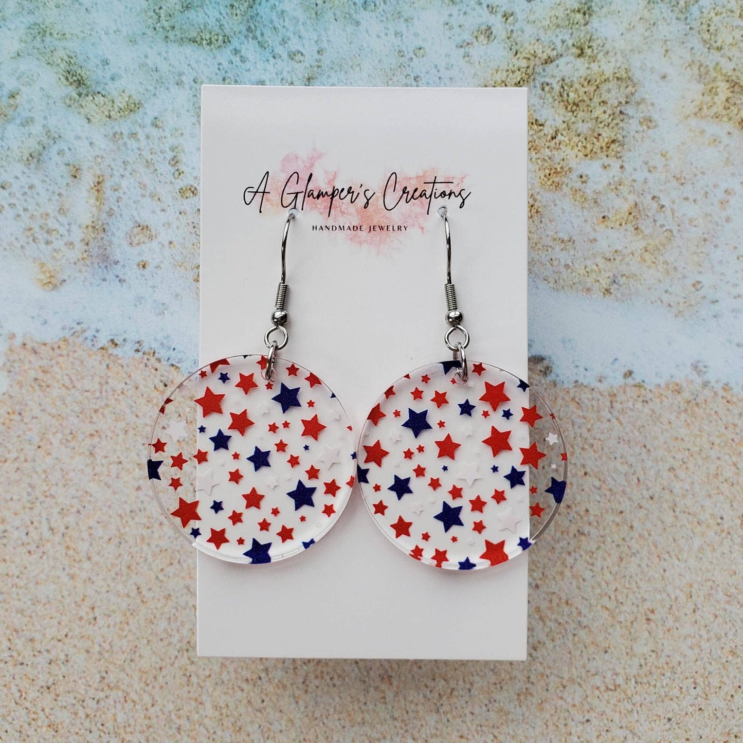 Red, White and Blue Stars Patriotic Circle Acrylic Earrings