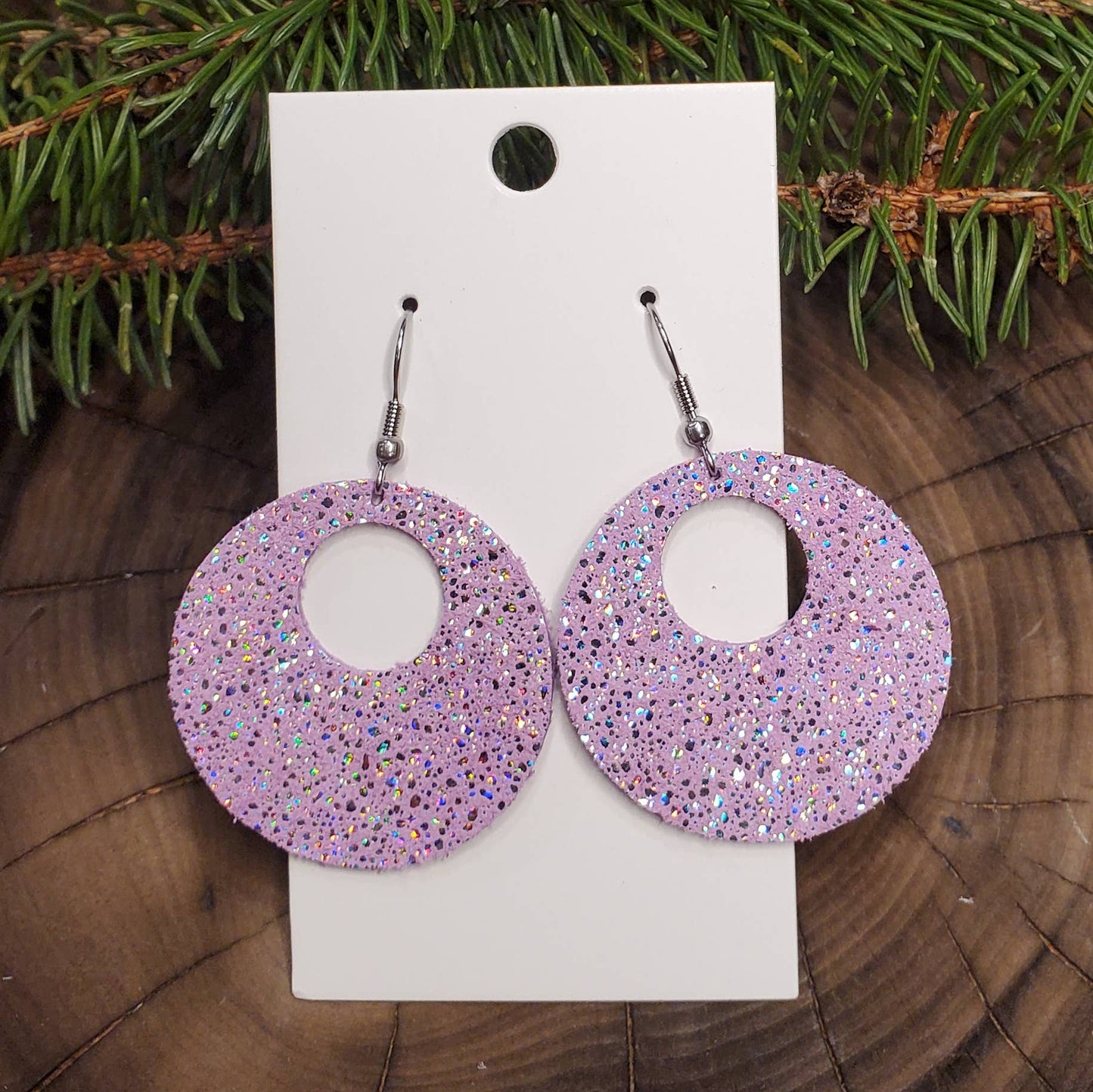 Pink Sparkle Circle Leather Earrings