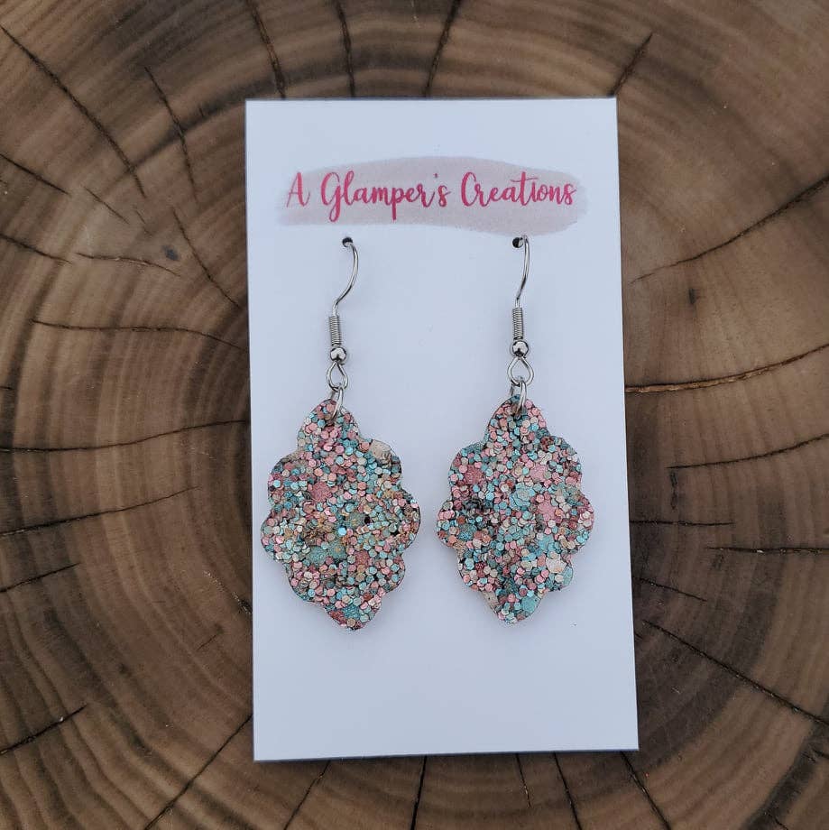 Blue & Pink Glitter Scalloped Leather Earrings