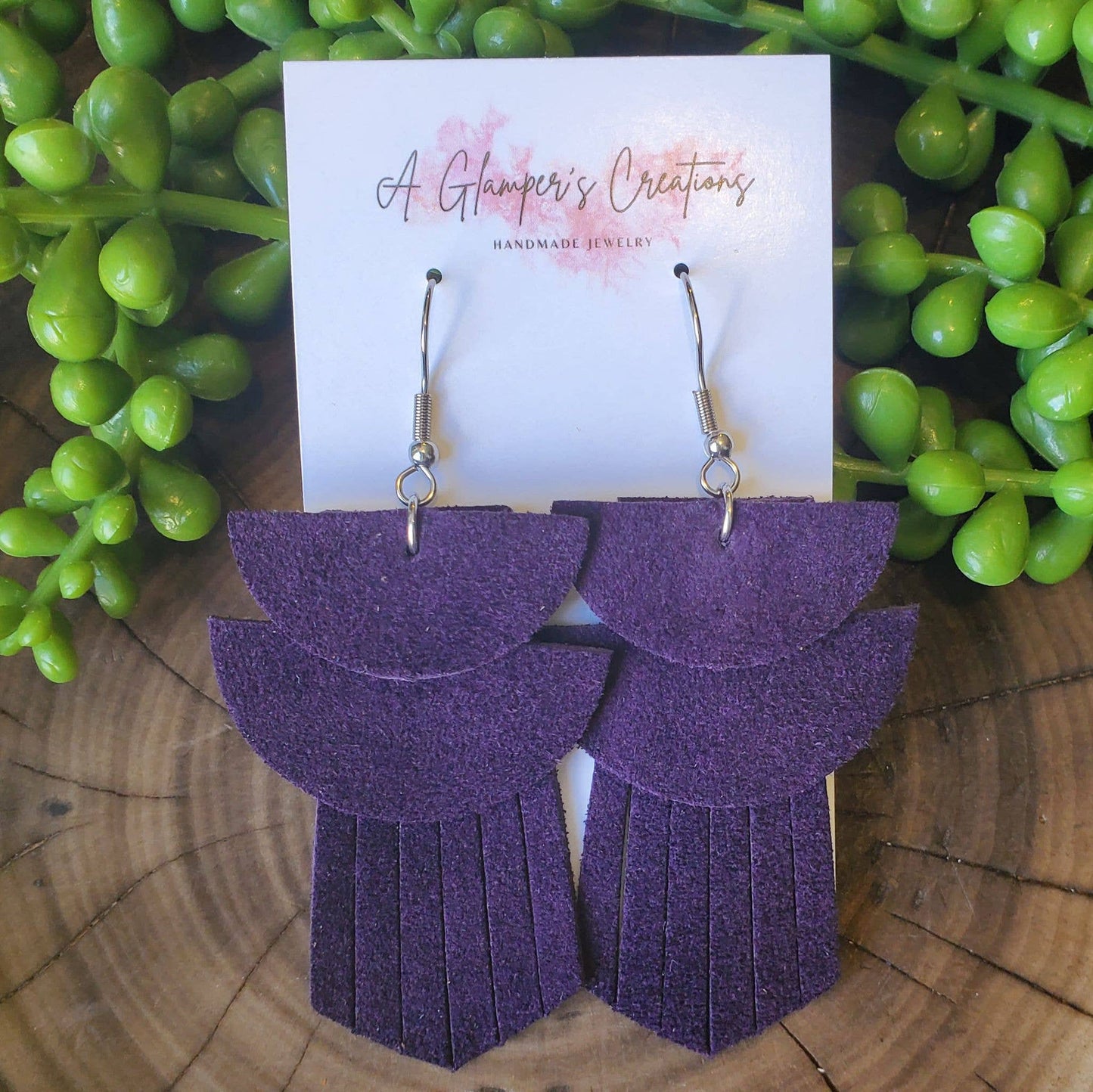 Dark Purple Semi Circle Fringe Leather Earrings