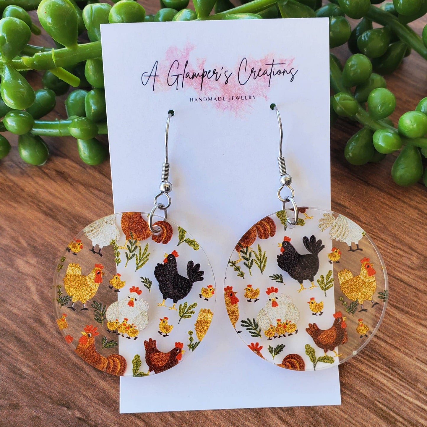 Printed Chickens Circle Acrylic Earrings