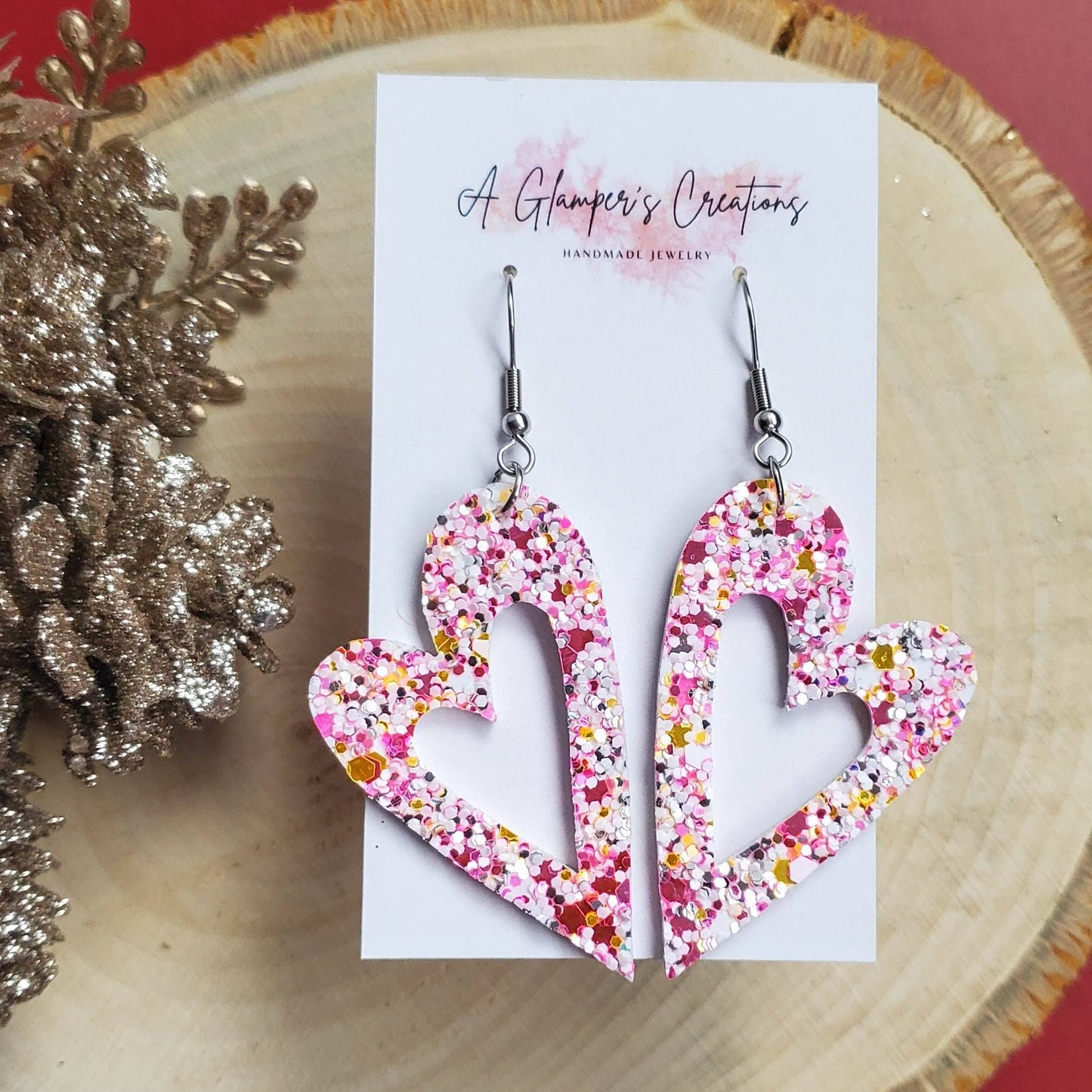 Pink Glitter Mix Heart Leather Earrings