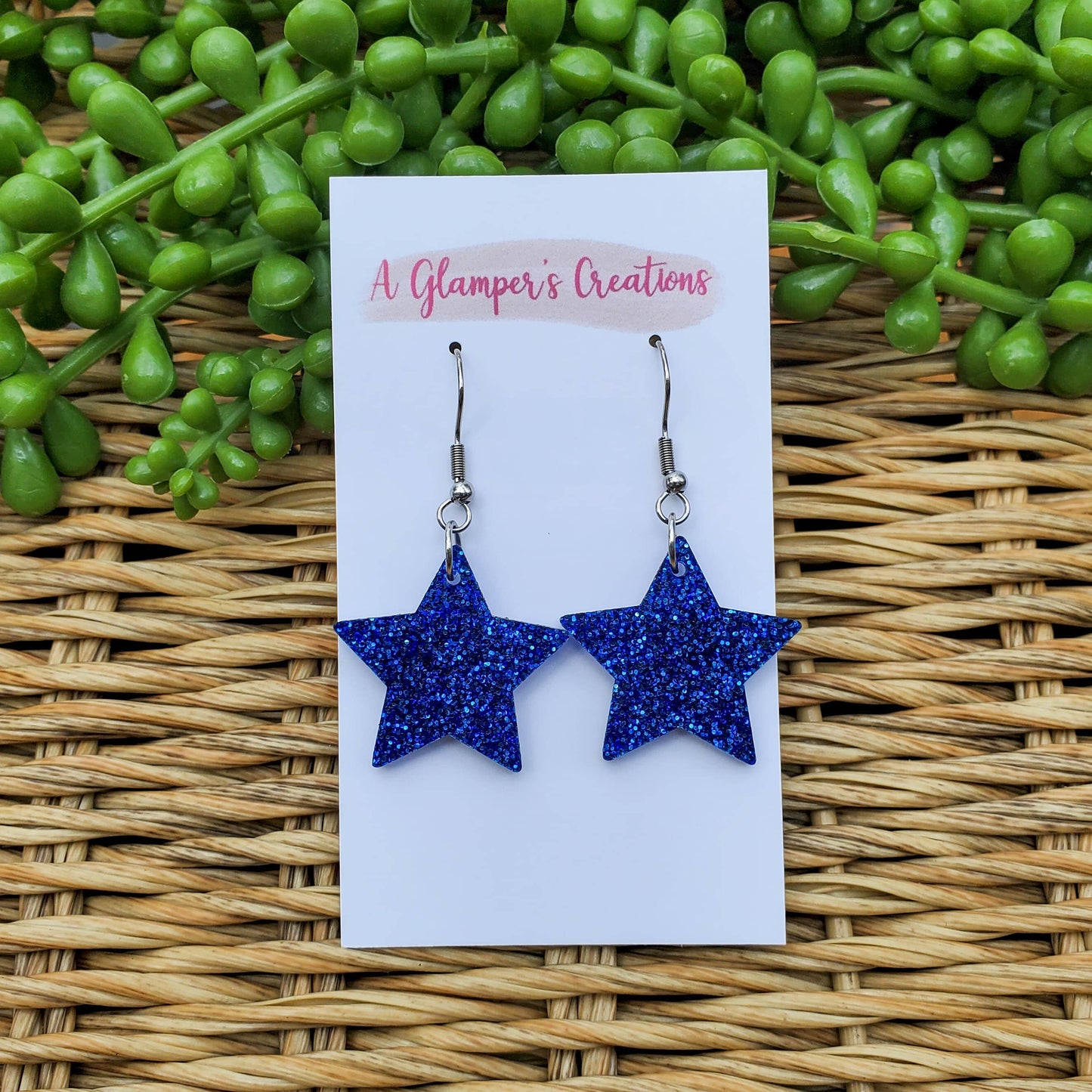 Patriotic Blue Glitter Star Acrylic Earrings