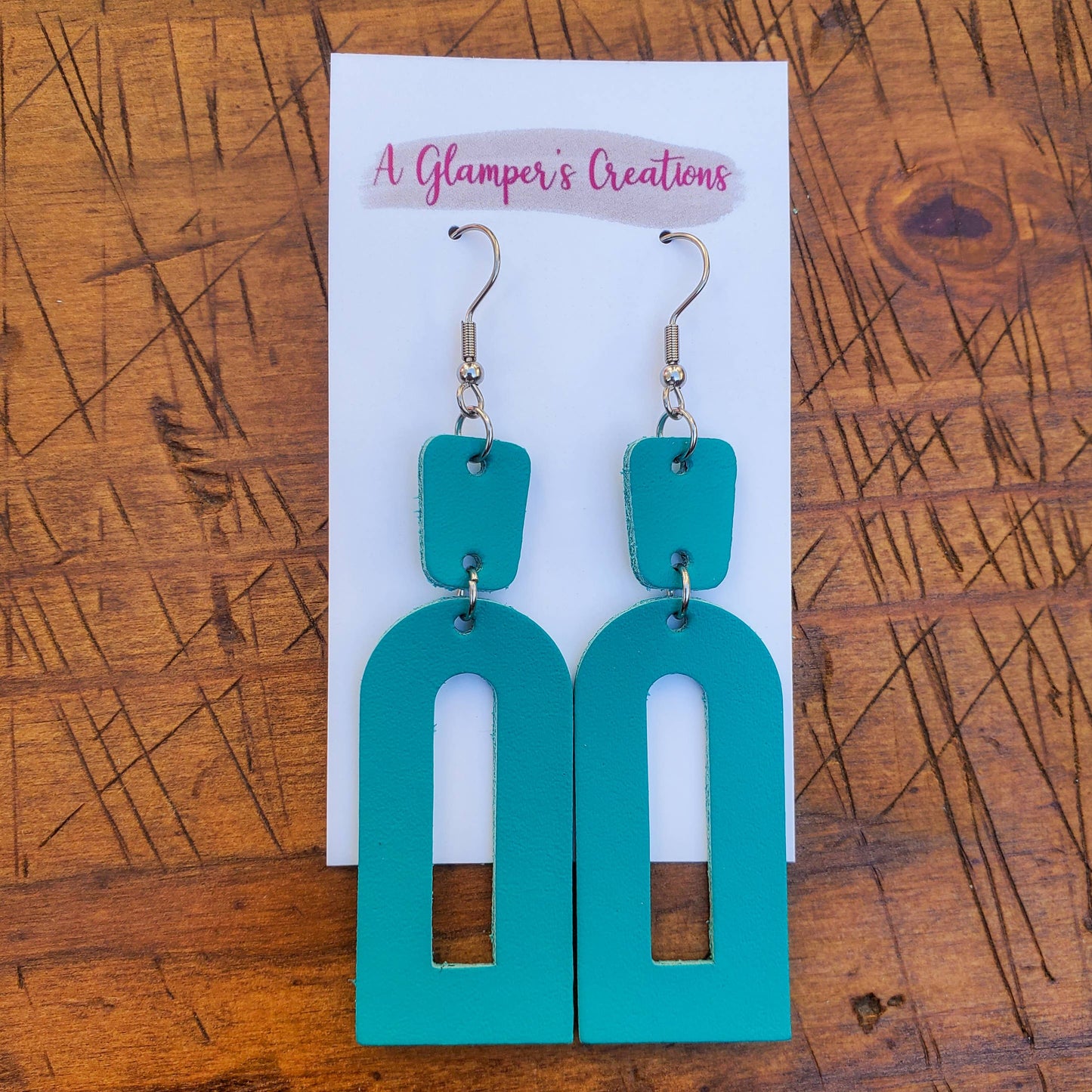 Teal Geometric Dangle Leather Earrings