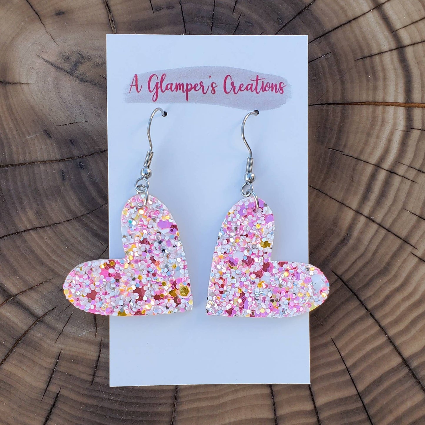 Pink Glitter Mix Heart Leather Earrings