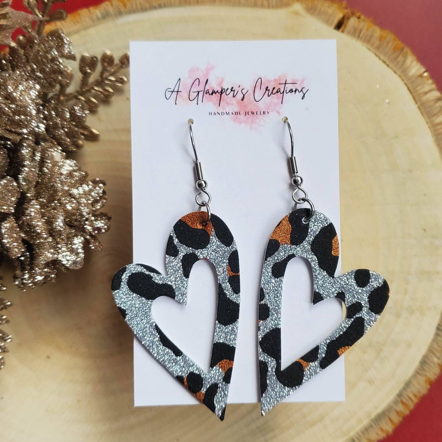 Leopard Glitter Heart Earrings