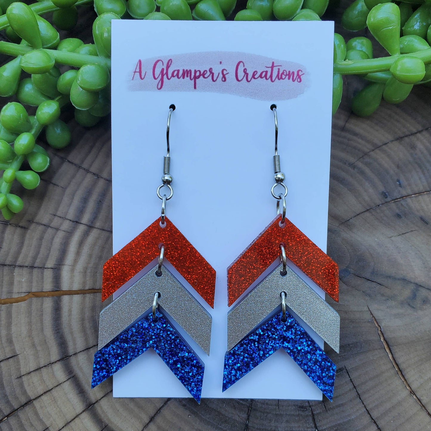 Red, Silver, Blue Glitter Chevron Acrylic Dangle Earrings
