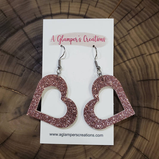 Pink Glitter Heart Leather Earrings