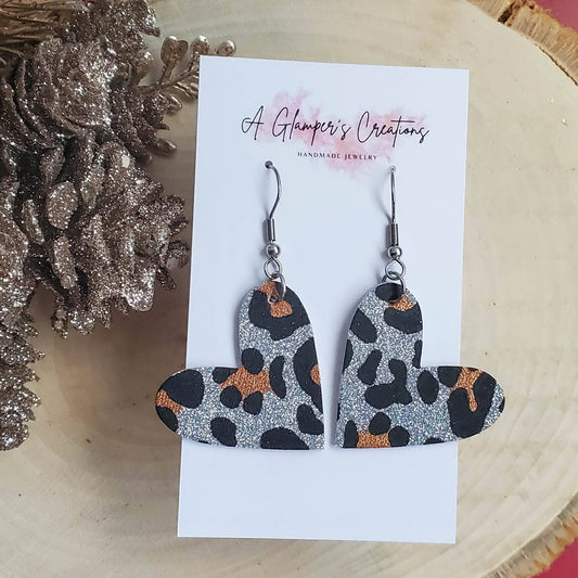 Silver Leopard Heart Leather Earrings