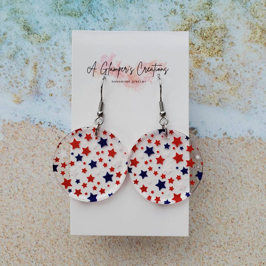 Red, White and Blue Stars Patriotic Circle Acrylic Earrings