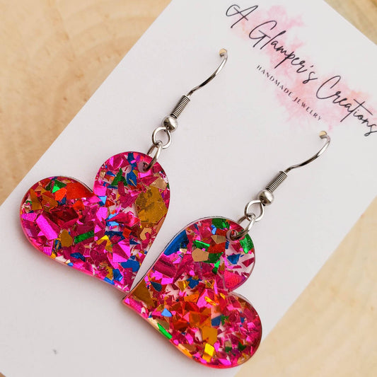 Pink Confetti Heart Acrylic Earrings