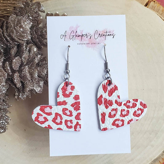 Red & Pink Leopard Heart Leather Earrings