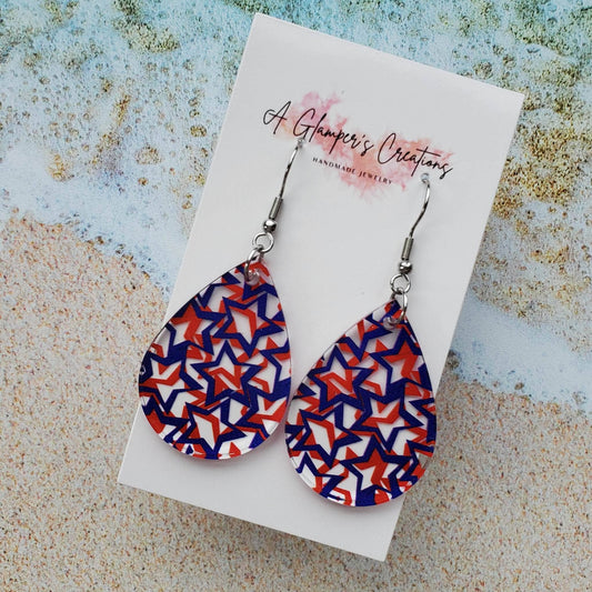 Blue & Red Stars Acrylic Teardrop Earrings