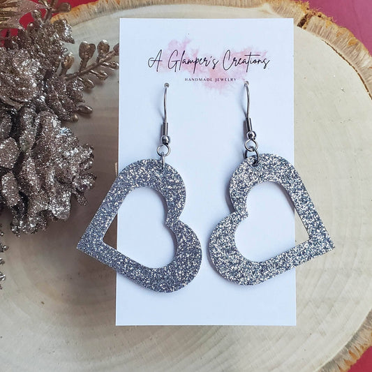 Silver Glitter Heart Cutout Leather Earrings