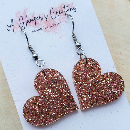 Pink & Gold Glitter Heart Acrylic Earrings